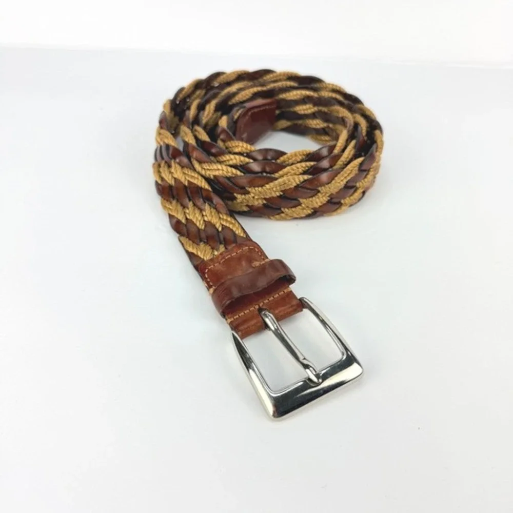 Stefano Corsini Men‎ 40 Braided Leather Woven Belt Brown Tan Silver Buckle Italy